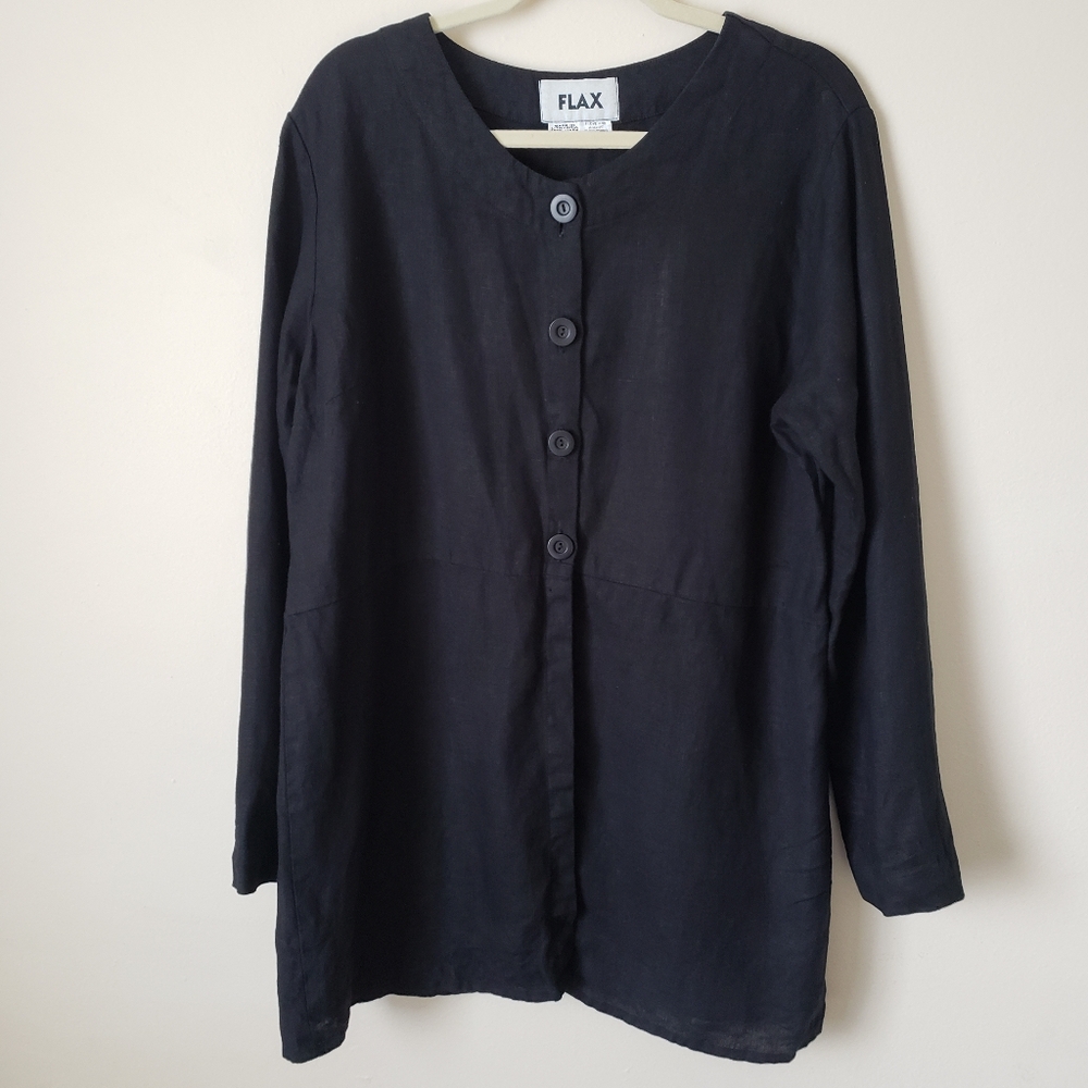 Flax 100% Linen Black Button Up Top Long Sleeve Tunic Cardigan